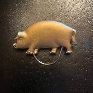 Vintage Brushed Gold Tone Pig Brooch and Charm Holder